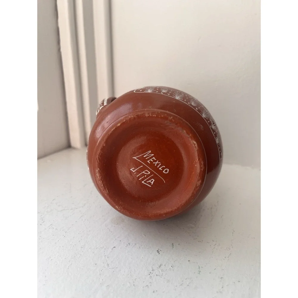 Vintage Handmade Mexican Pottery Vase Bird Flower Deer Signed J.‎ Pila Red Clay